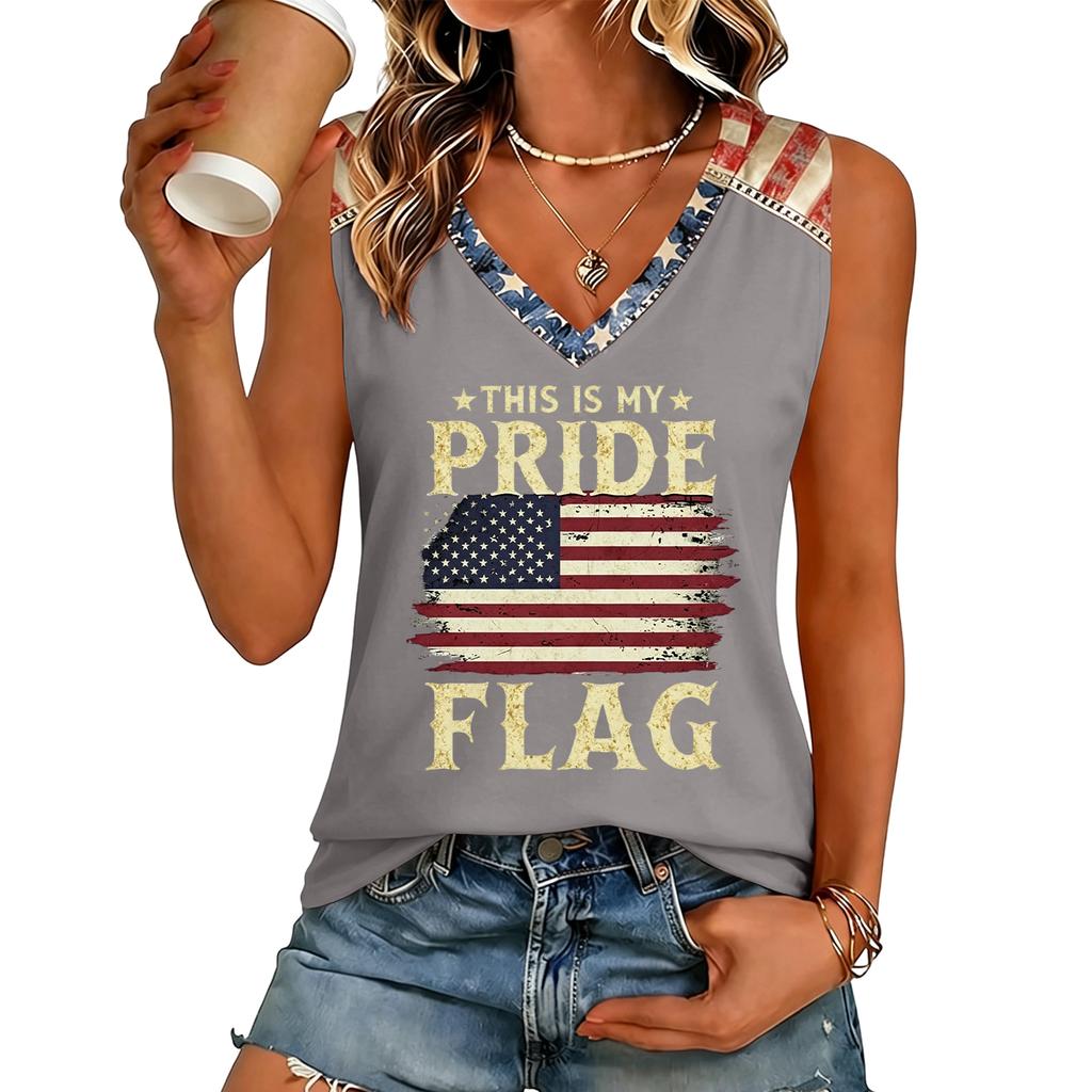 Women V Neck Casual Letter Print Short Sleeve T Shirt Top with Flag Graphic Comfortable Loose Fit Tee Shirt for Daily Wear
