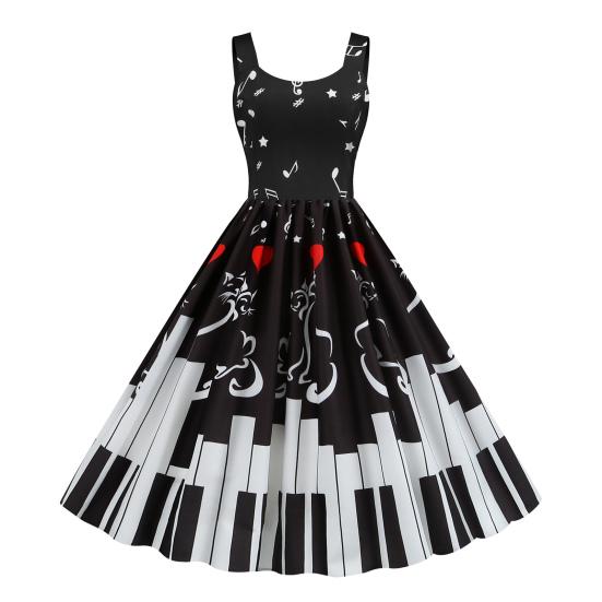 Damen Ärmelloses 1950er Vintage Kleid Notenblatt Druck Midi Kleid Retro Cocktail Swing Kleid A-Linie Abend Ballkleid für Teeparty