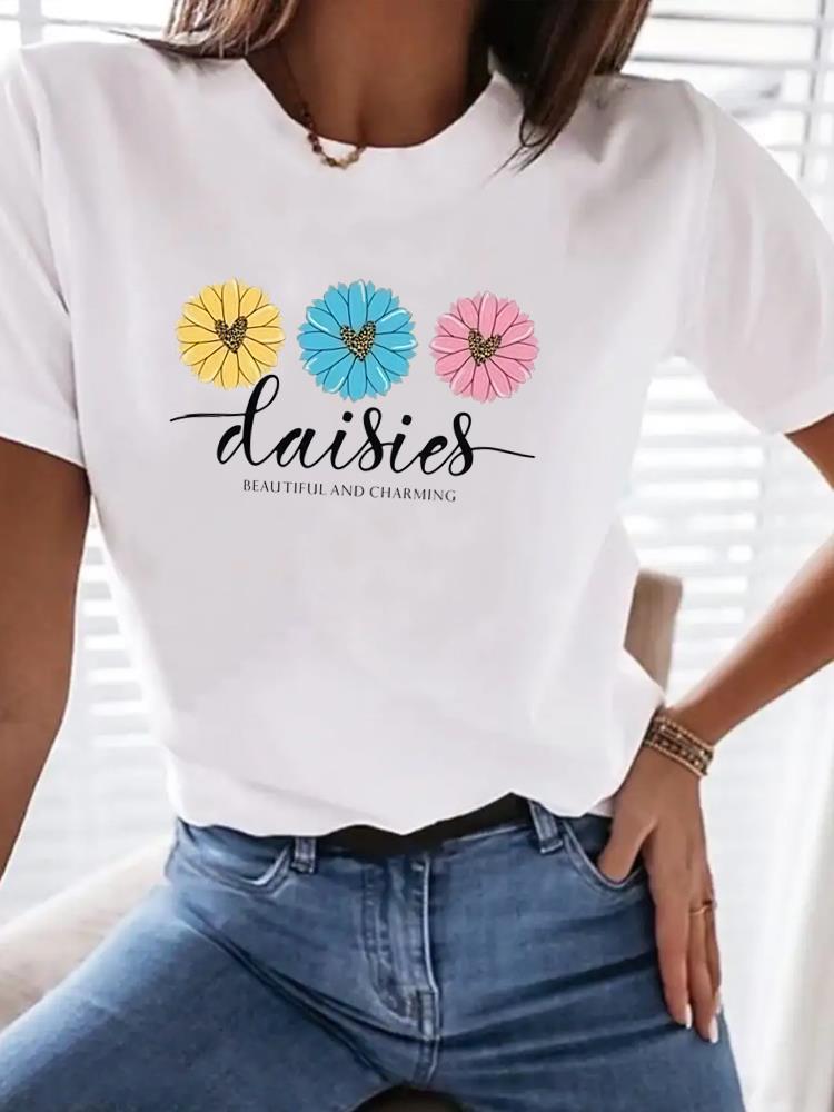 (Asian Size) Flower Trend Print Women Clothing Tee Top Woman Short Sleeve T Shirt Fashion Female Graphic T-shirts