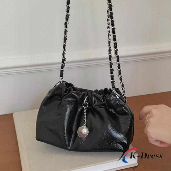 Drawstring Mini Bag with Pearl Chain Tote Crossbody Leather Phone Silver Shoulder Bag