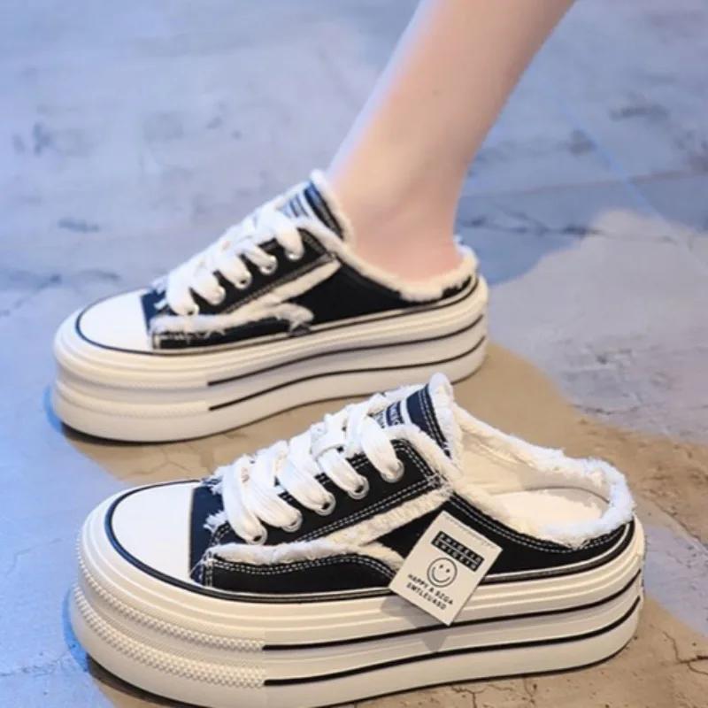 Women's Canvas Half Slippers Breathable Casual Sneakers for Women Platform Vulcanize Shoes Comfort Slip On Loafers Zapatos Mujer