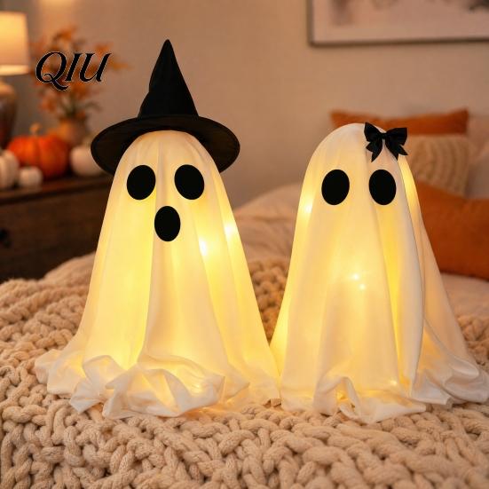 Seasonal Holiday Decor Halloween Ghost Decoration, Light-Up with Witch Hat/Bow, Party Supplies Spooky Standing for Porch Yard Outdoor Decoration