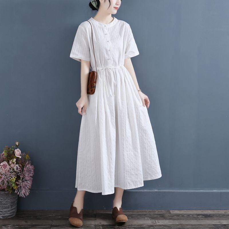 2025 summer new retro fan stand-up collar short-sleeved cotton and linen dress women's loose and thin solid color medium and long dress