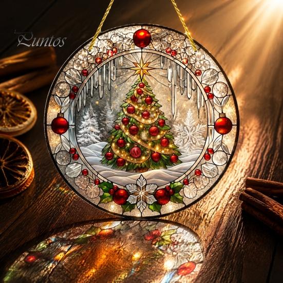 Retro Christmas Tree Hanging Pendant Stained Glass Style Acrylic Window Hanging, Snow Scene Indoor Xmas Party Decorations Suncatcher, Door Home Decor