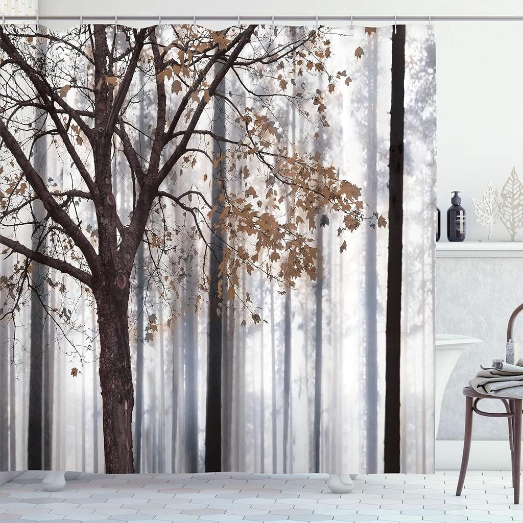 Black And White Shower Curtain Misty Tall Trees Woodland Natural Landscape Fabric Bathroom Decoration Shower Curtain With Hook
