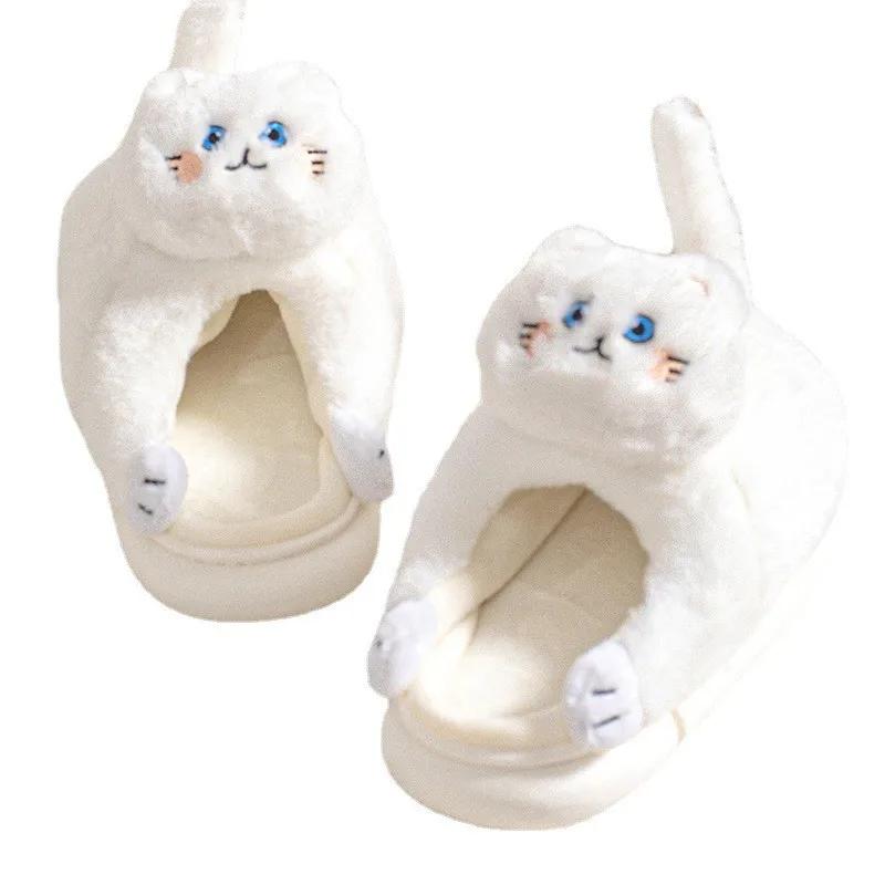 Fashion Cat Slippers Women Men Winter Home Slides Kawaii Floor Shoes Furry Slippers Girl White Mules Funny Cute Gift Slippers 2024