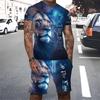 Trendy Lion Graphic Short Sleeve Top Drawstring Shorts Set Summer T-shirt Pocket Shorts 2-piece Set Oversized Men's Clothing
