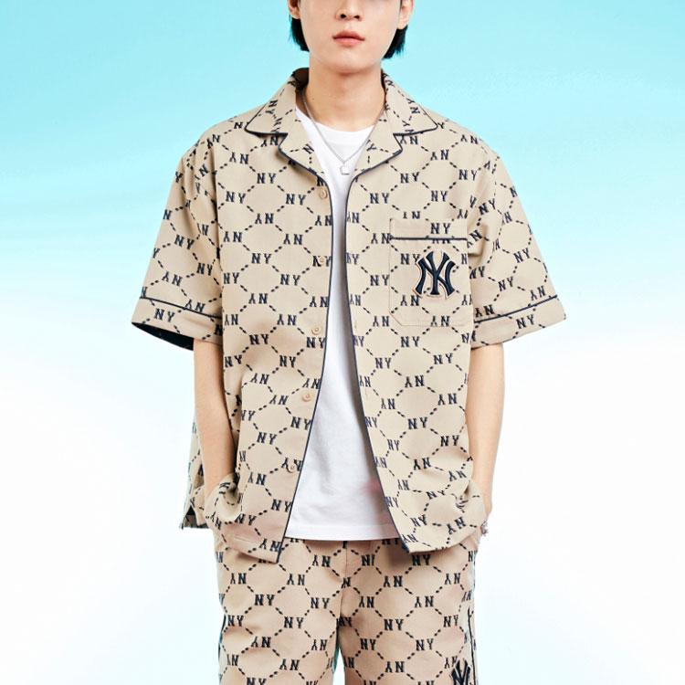 MLB New York Yankees Basic Logo Jacquard Diamond Pattern Loose Fit Single-Breasted Casual Short Sleeve Shirt Unisex Shirts Beige 3AWSM0223-50BGS