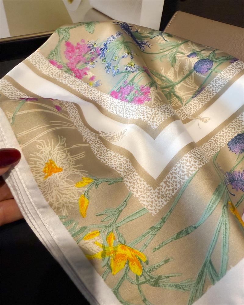 2025 New Fashion Floral Print Shawl Square Scarf for Women Satin Wraps Neckerchief Female Hair Bands Ribbon Headband Bandana