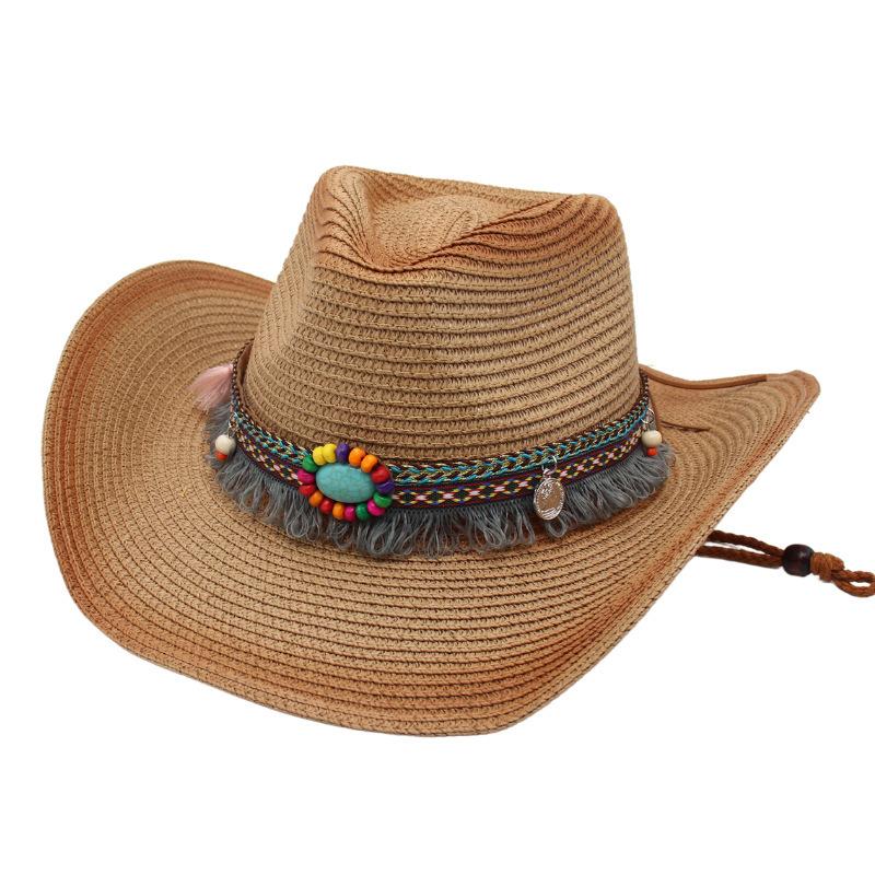 Model Western Cowboy Straw Hat Fringed Sunscreen Sun Hat Ethnic Style Hollow Beach Hat Ins Style