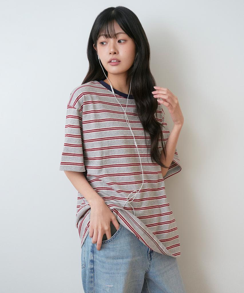 Sayu Striped Biscuit Short Sleeve Tee Gray