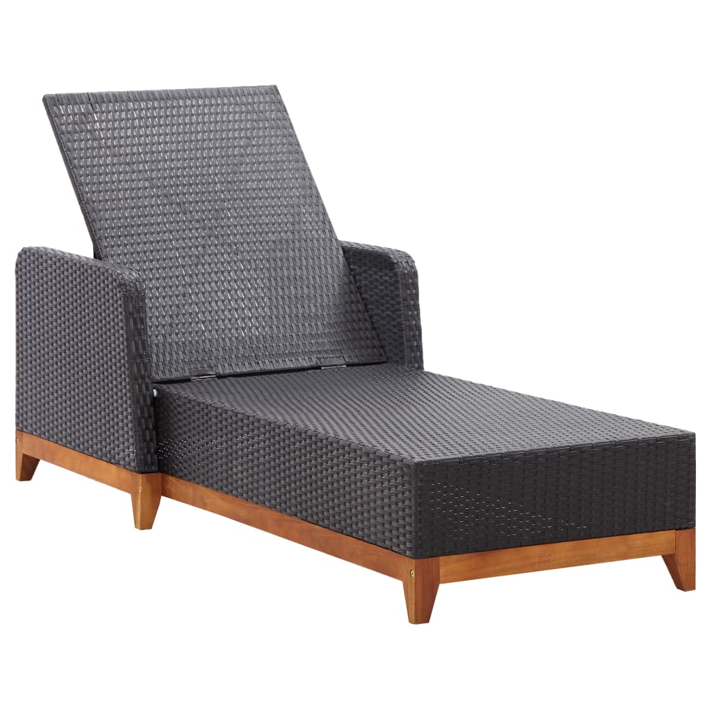 Poly Rattan and Solid Acacia Wood Sun Lounger Black