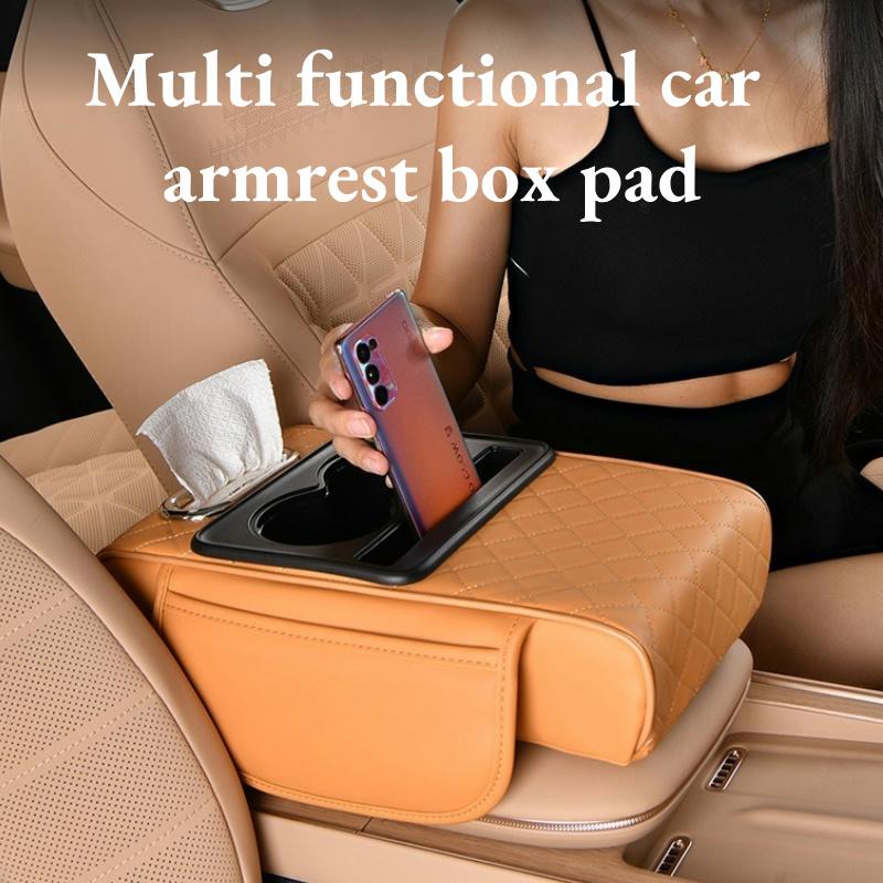 Car Center Console Armrest Cushion Thicken Arm Rest Box Pad Side Extension Cushion with Cup Holder Tissue Box… More