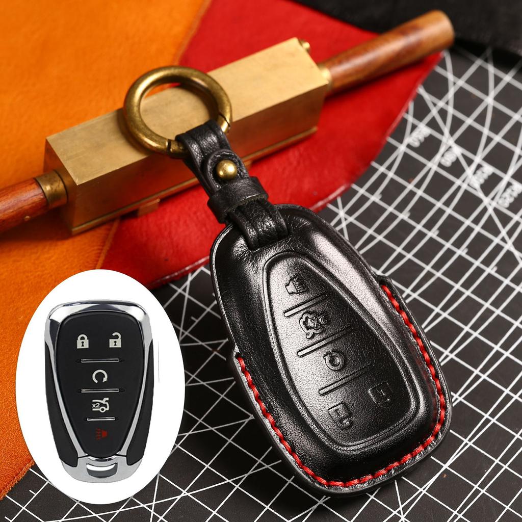 3D Leather Key Cover for Chevy Malibu XL Trax Trailblazer Equinox RS, Full Cover Key Fob Case with Metal Ring, Anti-Scratch