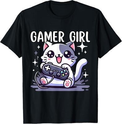 Camiseta Gamer Girl Gato Fofa Estampa Gráfica de Videogame Algodão Macio Manga Curta Gola Redonda