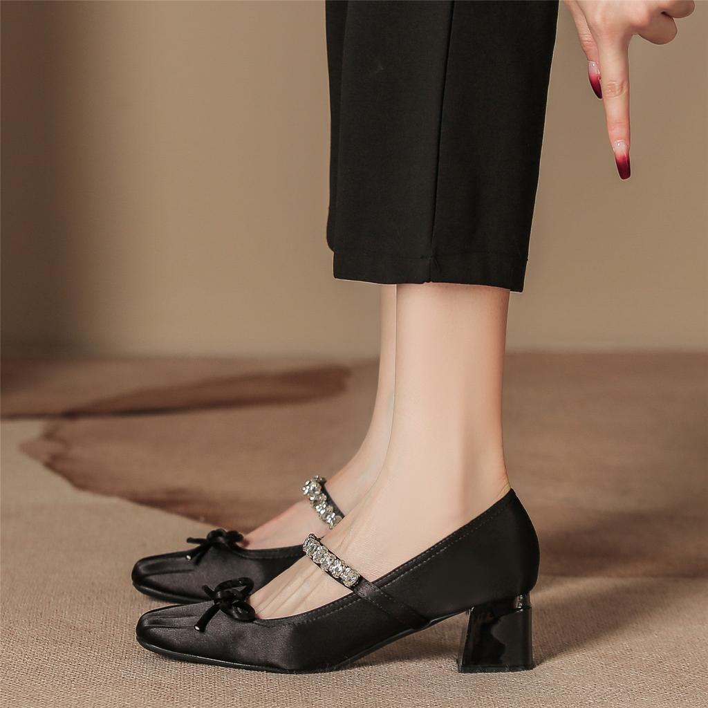 Celebrity Silver Mary Jane Shoes Women'S Bow Thick Heel Small Leather Shoes Summer Culottes Wear High Heels
