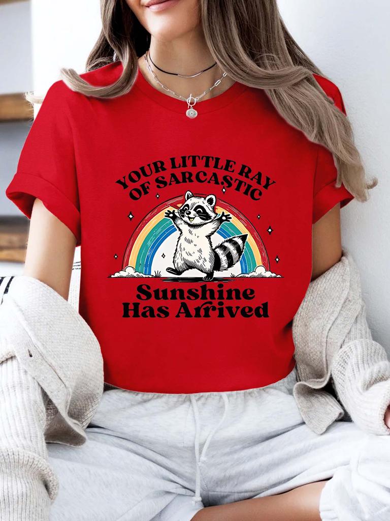 Humorous Raccoon Rainbow Graphic Tee Women Tshirt Short Sleeve Tops Tees