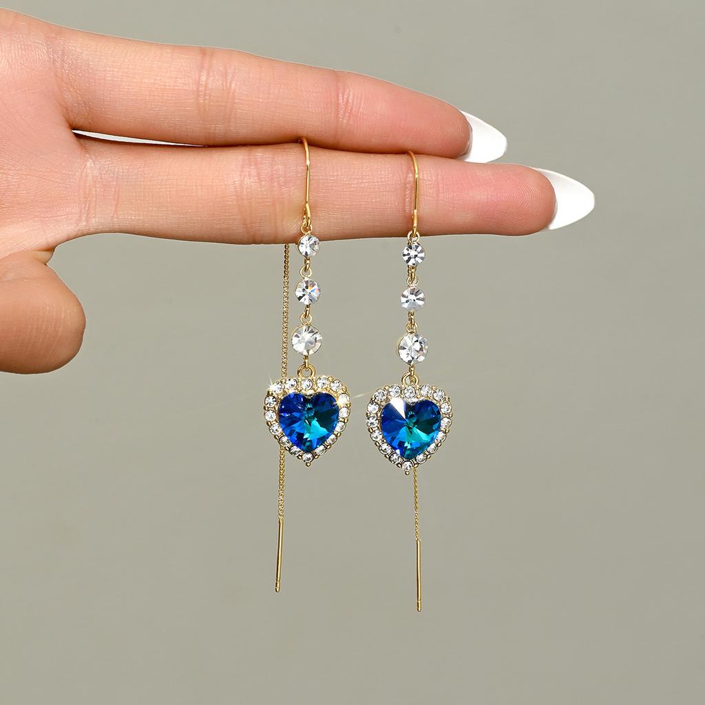 14K Real Gold Electroplating, Blue Crystal Love Earphone Design, Advanced Sense Of Thin Heart-Shaped Fringed Temperament Earrings