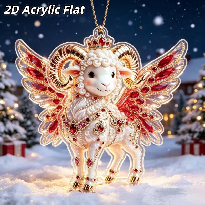 Auspicious Red Gold Chinese Zodiac Goat Hanging Ornament 2D Acrylic Art for Lunar New Year Car Home Decoration Gift