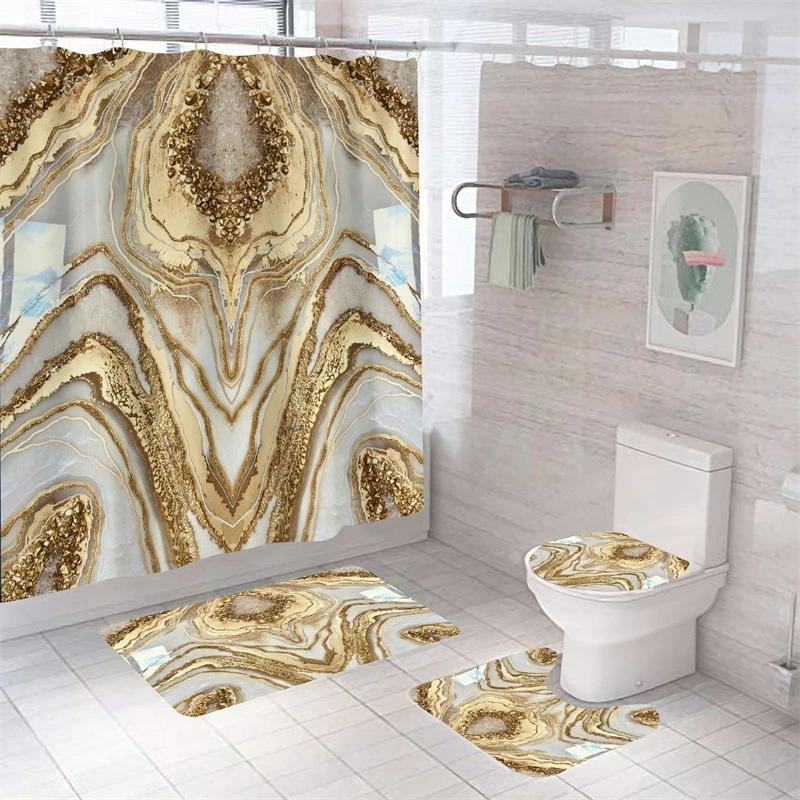 Luxe 3D Marmer Douchegordijn Set Polyester Stof Waterdicht Badkamer Gordijnen Moderne Stijl Print Badkamer Toilet Deksel Mat