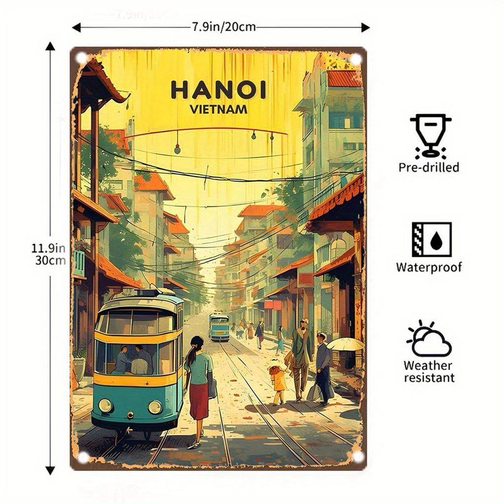 2D Flat - Vintage Hanoi Vietnam Street Scene Metal Sign - 20.32x30.48 Cm Retro Wall Art, Rustic Iron Decor with Pre-Drilled Hole