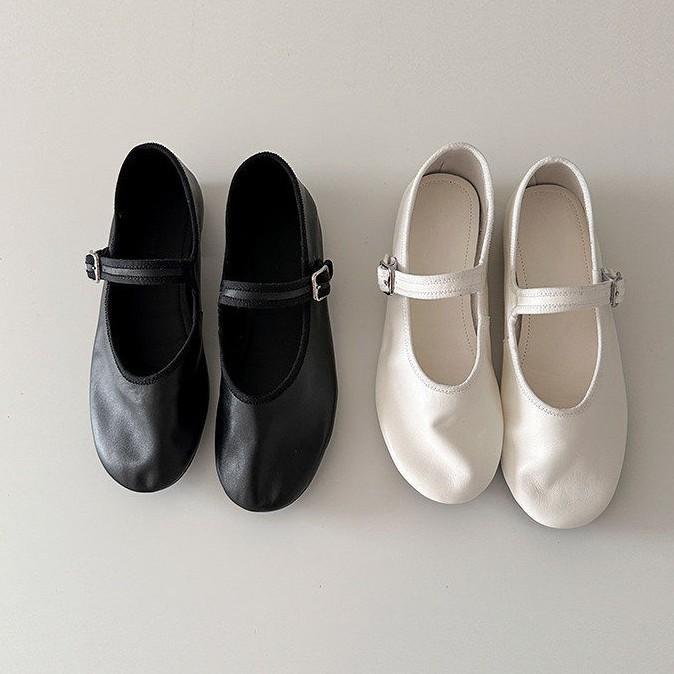 Soft leather French minimalist round head shallow mouth Mary Jane women's shoes one-word buckle strap flat ballet shoes commuter shoes