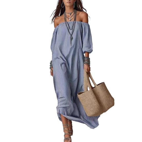 Summer Maxi Dress for Women Off Shoulder Short Sleeve Long Dress Casual Striped Vacation Flowy Long Sundress
