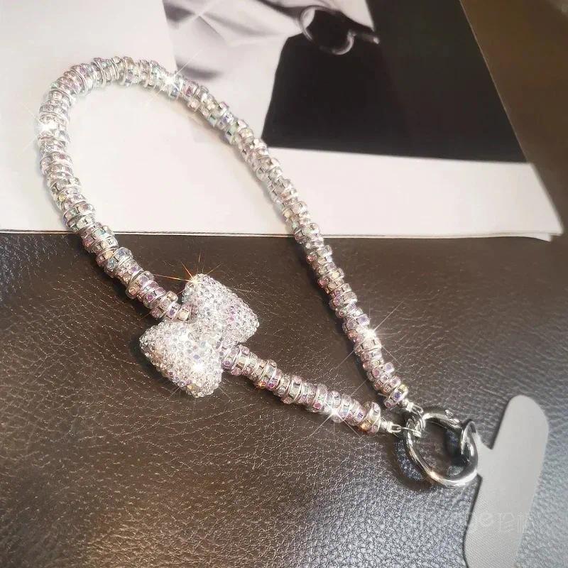 Kort met Diamanten Bezette Strik Mobiele Telefoon Lanyard Polsbandje Glanzende Lanyard IPhone 16 Hoes Sleutel Universeel Touw Tas Body Kit Sieraden