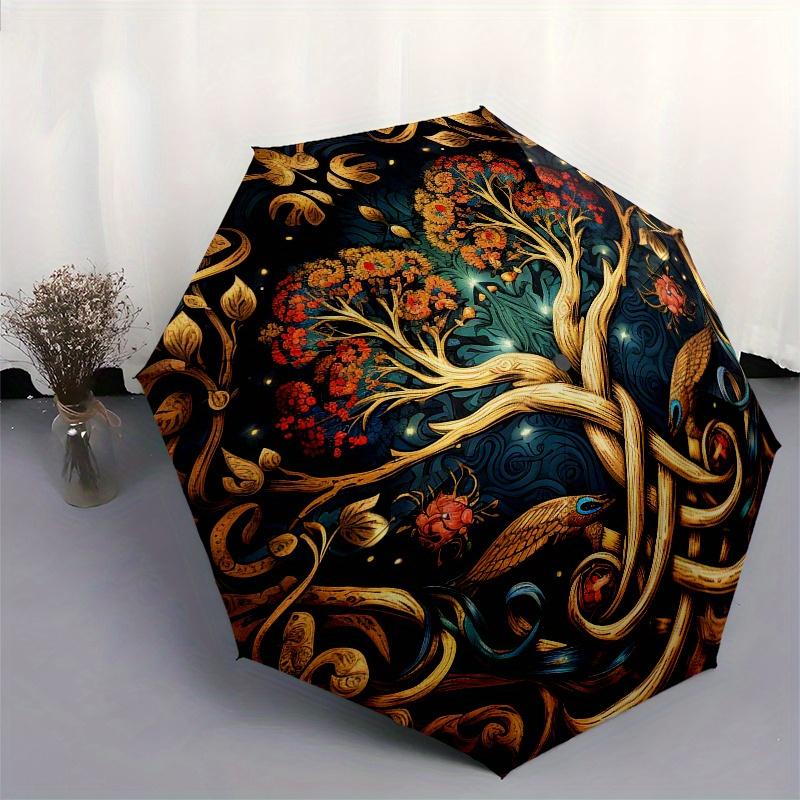 Tree of Life Circular Wall Art: Nature's Elegance In Every Detail Umbrella, Cute Umbrella with Cute Design, Portable 3-Fold Compact Umbrella for Men &