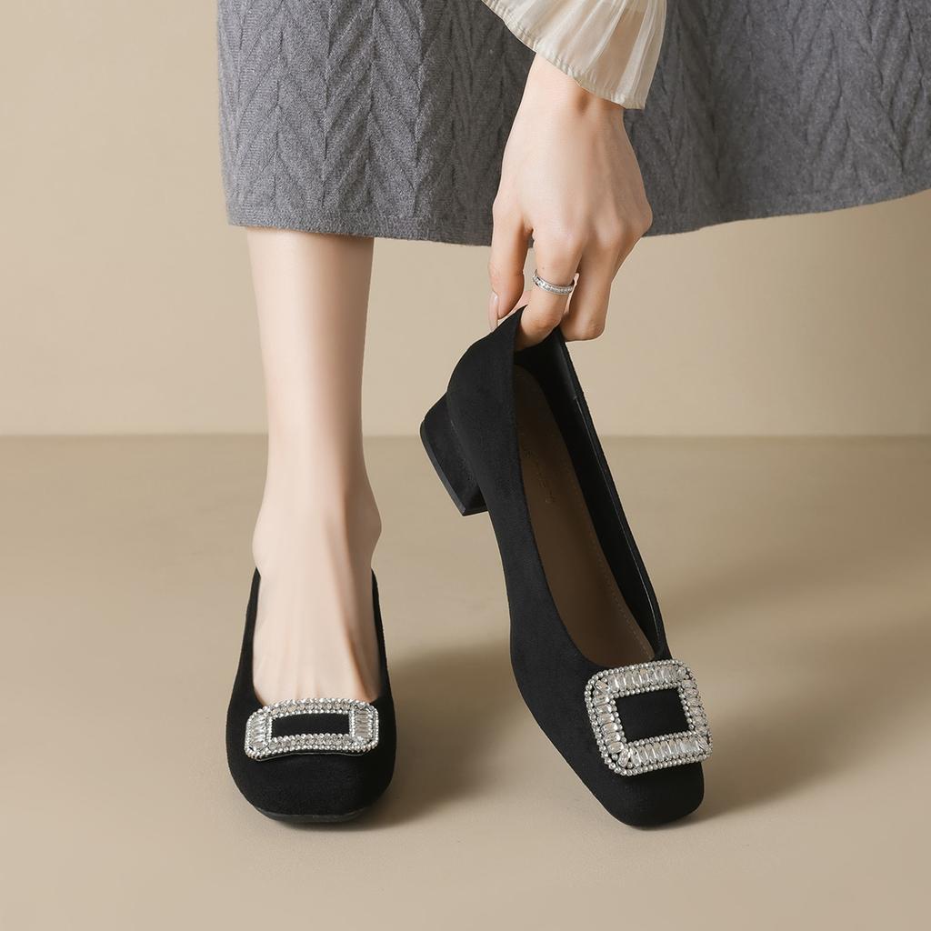Coarse heel single shoes women's new spring and autumn black work rhinestone high heels
