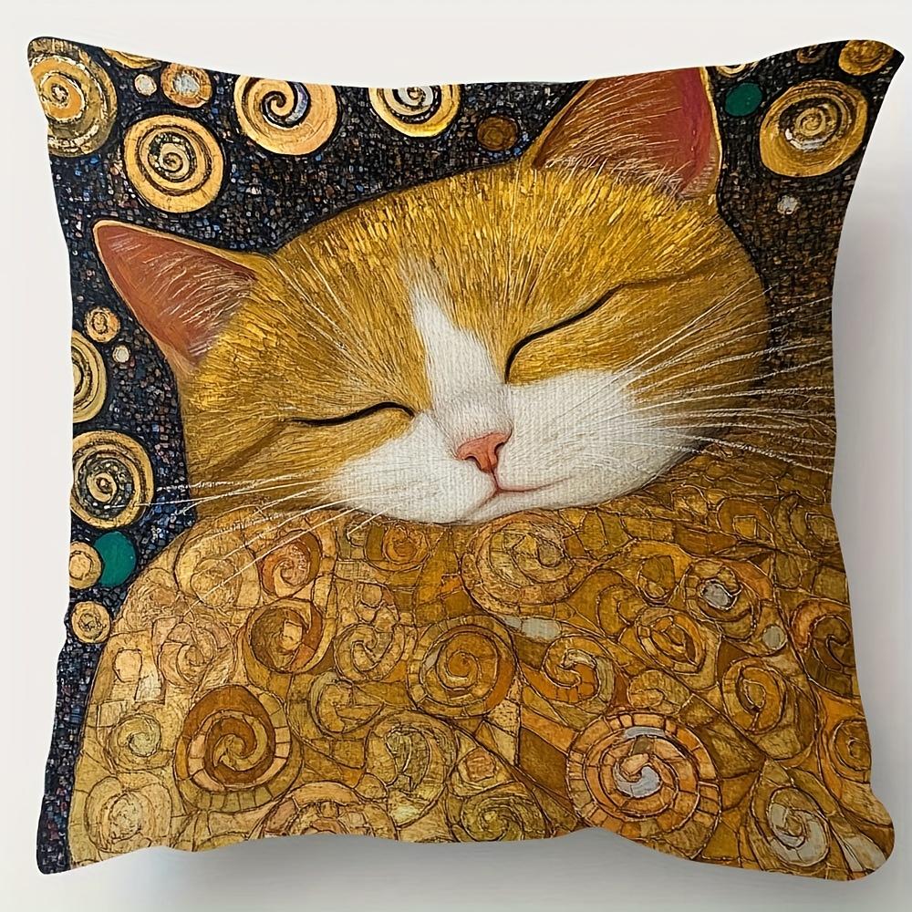 2D Flat- Vintage Art Nouveau Sleeping Ginger Cat Throw Pillow Cover Gustav Klimt Style Decorative Cushion Case For Home Bedroom