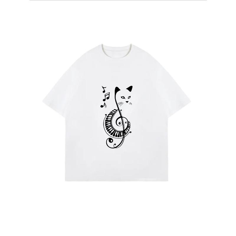 Crew Neck T Shirt White Cat Music Note Piano Keys Print Casual Wear For Women