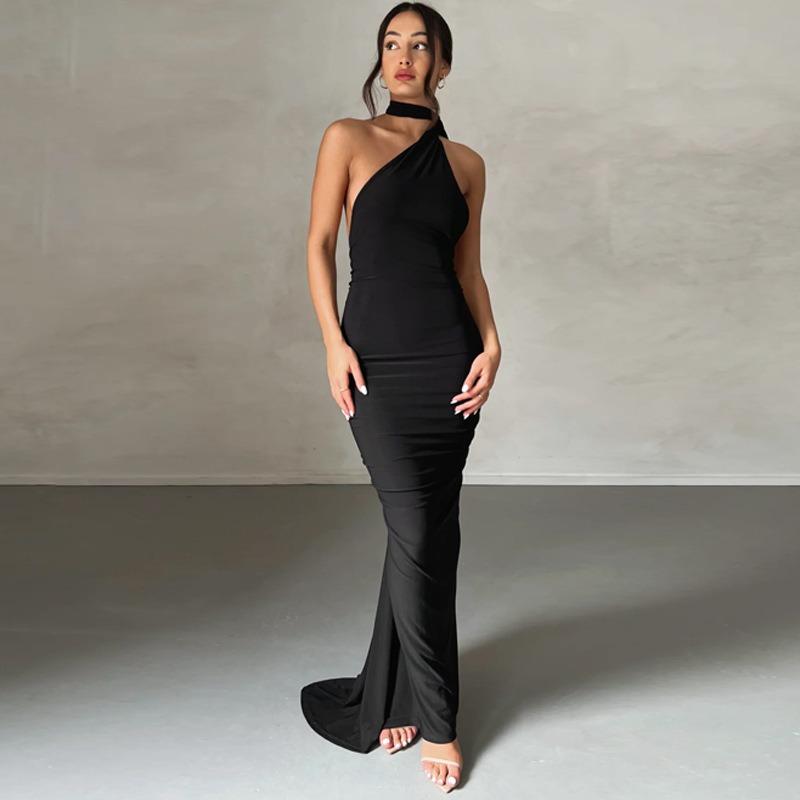 Women's Summer New Sexy Backless Pleated Slim Fit Solid Color Sleeveless Temperament Dress
