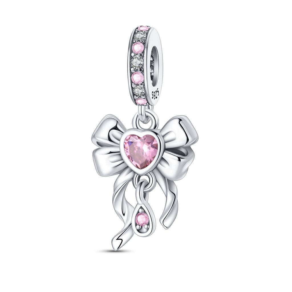 Copper Sparkling Pink Heart Zircon Bead Charms Swan Crown Dangle Charm Fit Original Bracelet Women Diy Jewelry Gift