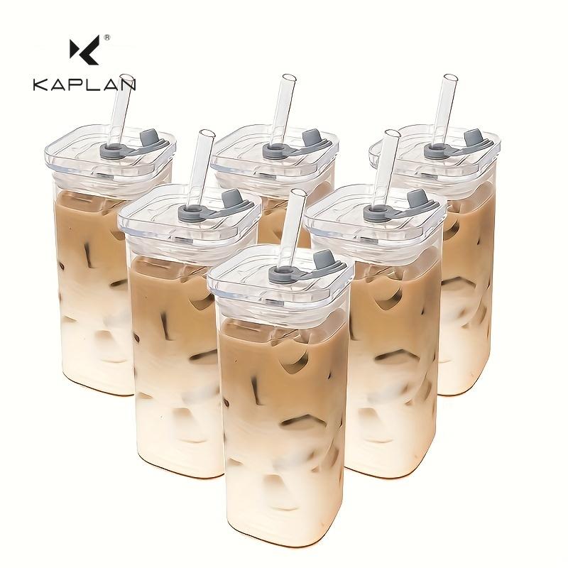 Portable Square Transparent Glass Cup with Lid and Straw for Coffee, Milk, and Breakfast Drinks