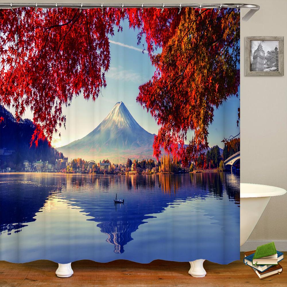 Bathroom Waterproof Shower Curtain Polyester 3D Mountain Garden Seaside Beautiful Flower Landscape Print Home Decoration Curtain
