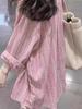 Women's Pink Striped Shirt Jacket - 2024 Autumn Sun Protection, Loose Lazy Style Cardigan Top