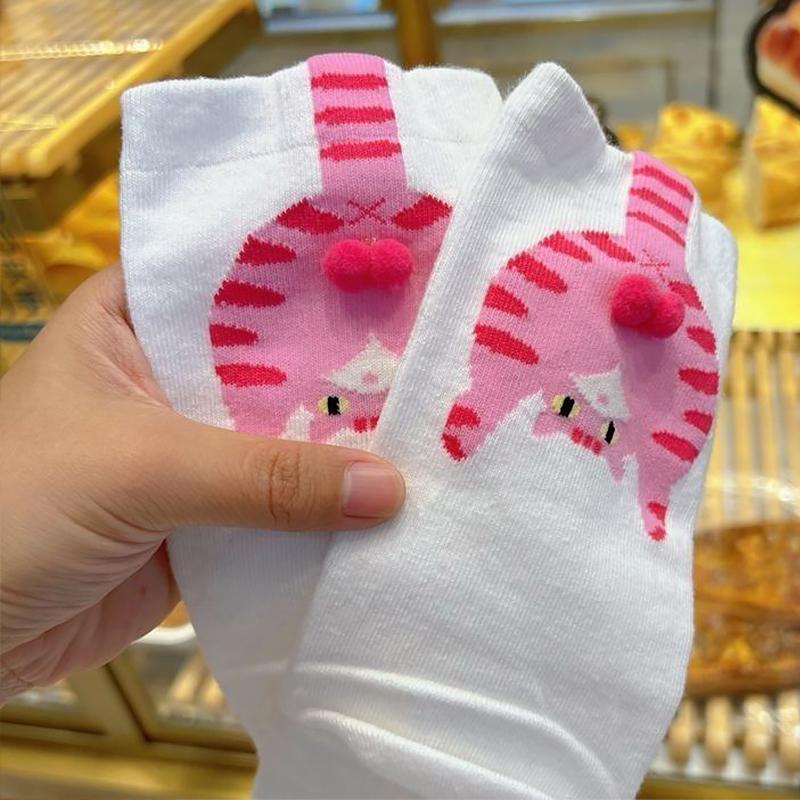 1 Pair Mid-Length Socks Creative Cat Egg Design Funny 3D Pattern Breathable Clothing Accessories Cute Socks Comfortable One Size