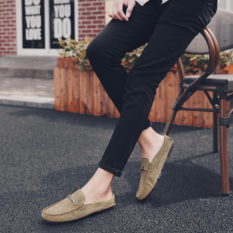 Men Slippers Suede Leather Men Half Slippers Hollow Breathable Anti-slip Sandals Men Casual Beach Summer Flats Comfortable Shoes