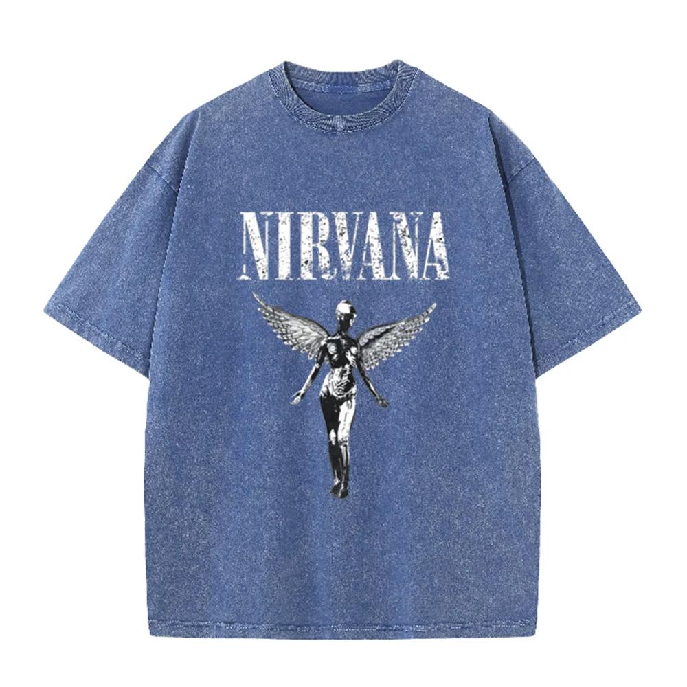 Vintage Washed T-shirt Nirvana Punk Rock Silver Angel Skull Print Loose Short Sleeves