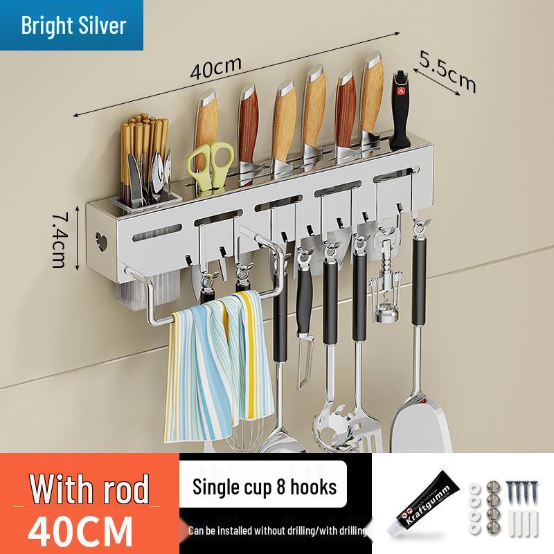 Stainless Steel Wall-Mounted Knife & Chopstick Holder - No-Punch Hanging Multi-functional Kitchen Rack
