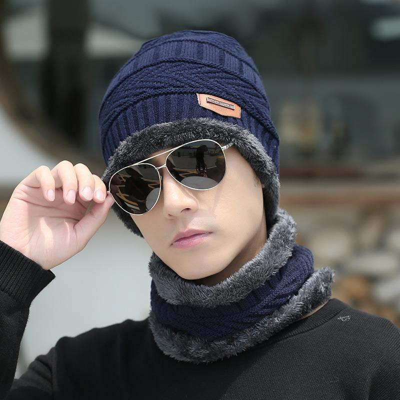 Suit Hat Men's Winter Scarf Gloves Three-piece Scarf Integrated Fleece Warm Winter Knitted Hat