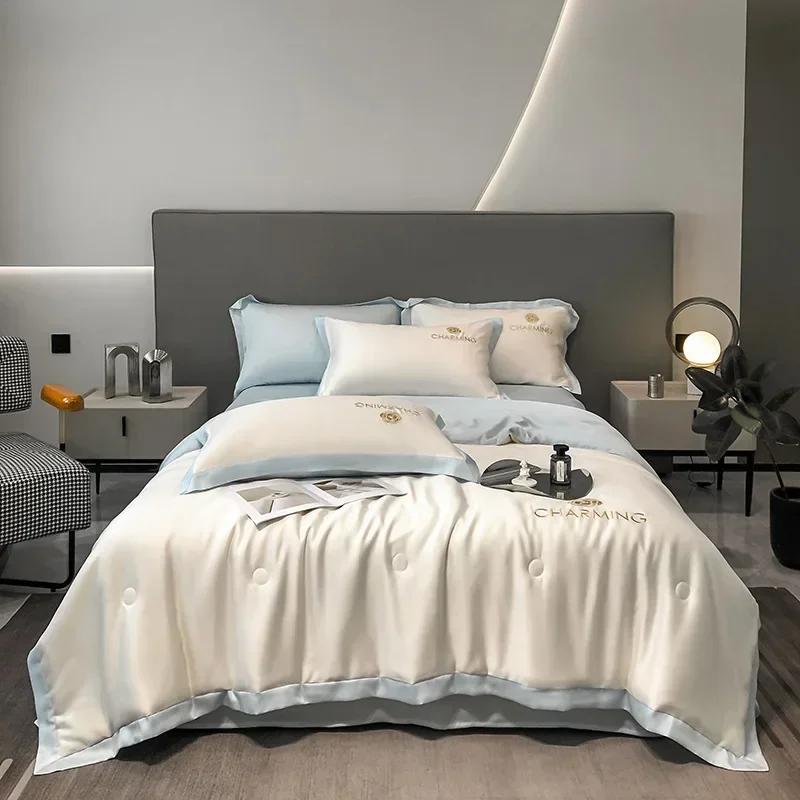 Washed Summer Ice Cool Quilt Bedding Set Single Double Thin Blanket Comforters Air-Conditioning Quilt Bedsheet Pillowcase 4PC