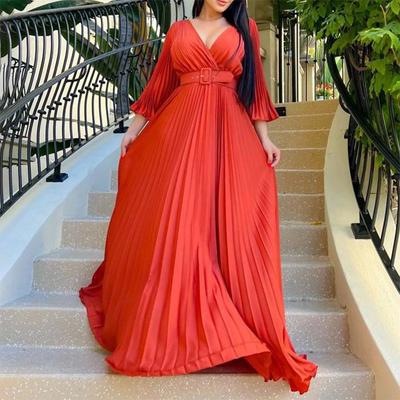 European and American Fashion Casual Women's V-neck Sexy Pleated Large Hem Formal Dress Long Dress