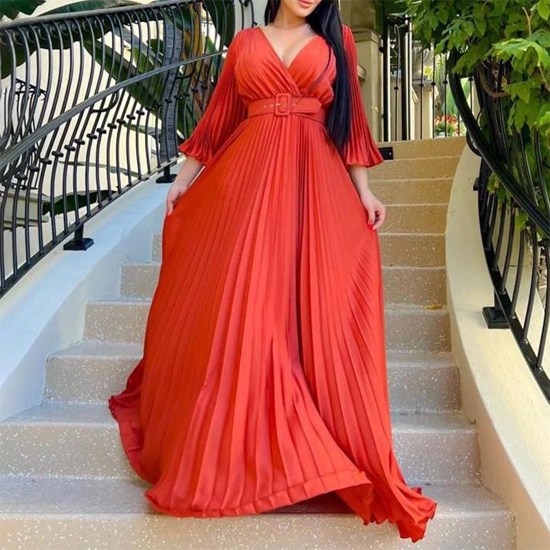 European and American Fashion Casual Women's V-neck Sexy Pleated Large Hem Formal Dress Long Dress
