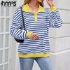 Women's Fashion Casual Spring Autumn Stripe Print Long Sleeve POLO Neck Blouses & Shirts