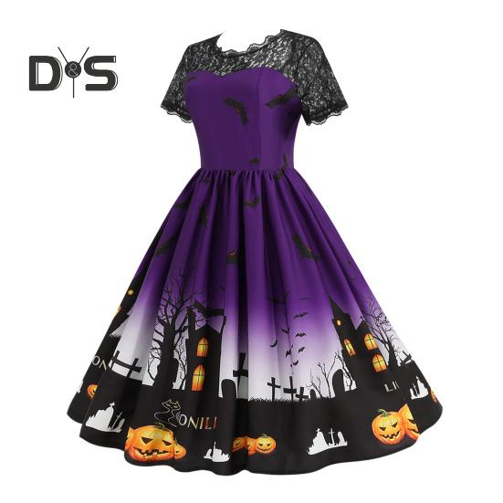 Dámské Halloweenské společenské šaty Dutá krajka s kulatým výstřihem Retro A-Line Velký lem Haunted House Netopýr Potištěné Krátké rukávy Cosplay Večerní šaty