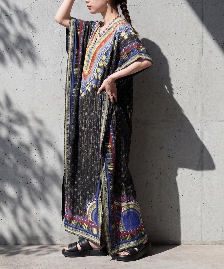 Antiqua Long Cotton African Print Kaftan Dobby Cotton Print One Size Dress Plus Sizes Available Stylish for Petite and Tall Women Look 05 Black One