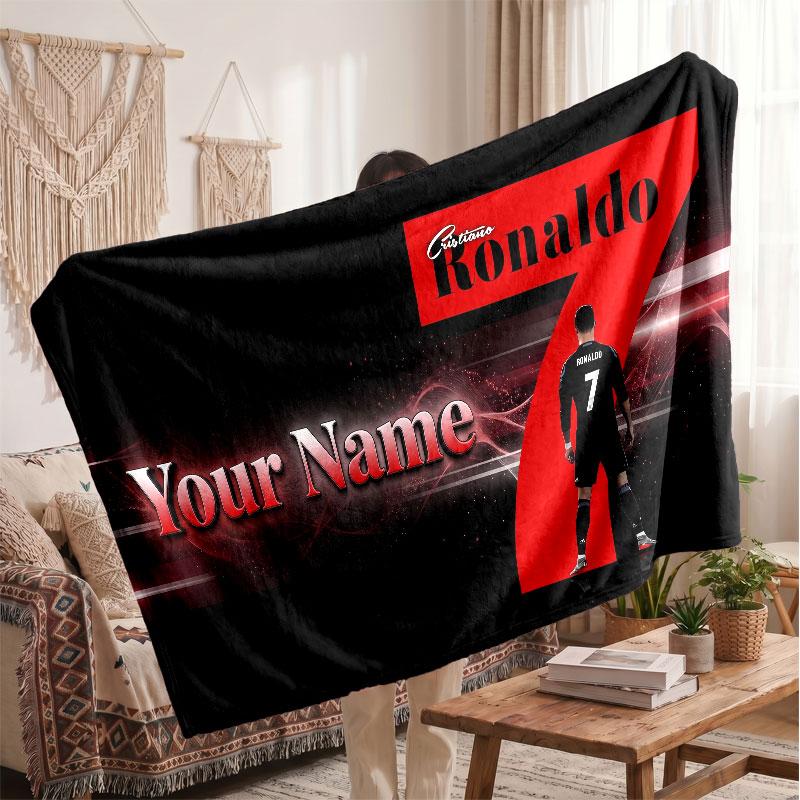 Personalisierte Fleece-Decke Cristiano Ronaldo mit Fußball-Logo, Individueller Name Text Weich Warm Home Überwurfdecke