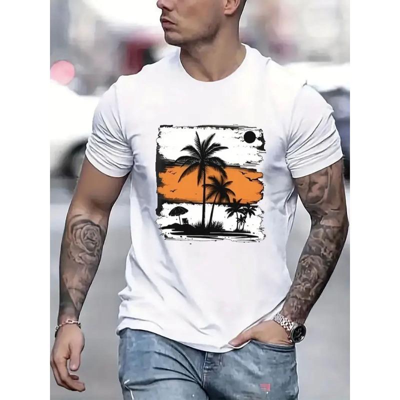 European Sizes Palm Tree Graphic Print T-Shirt For Men Casual Short Sleeve Tee 1 Pcs  - Comfortable Crew Neck, Soft Adorable Tees Tops